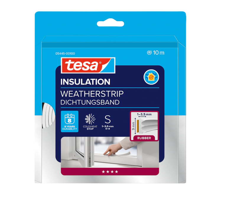 tesa INSULATION Dichtungsband Gummi S, 5445, E-Profil, 9mm x 10m x 4mm, weiß