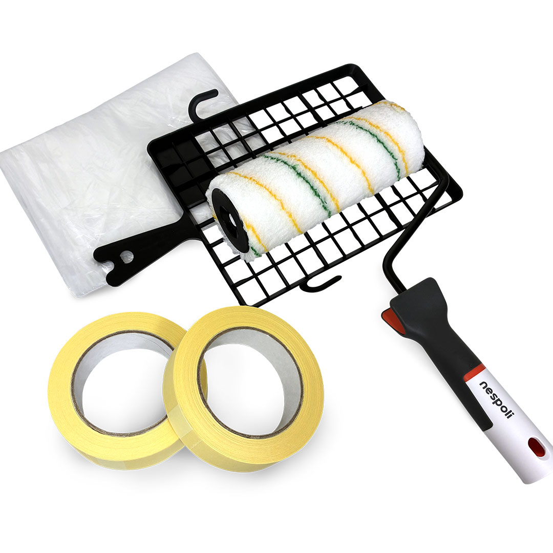 Streich- und Renovierset, 6-teilig: Gitter, Farbroller inkl. Walze, 2 x Malerkrepp, Abdeckplane