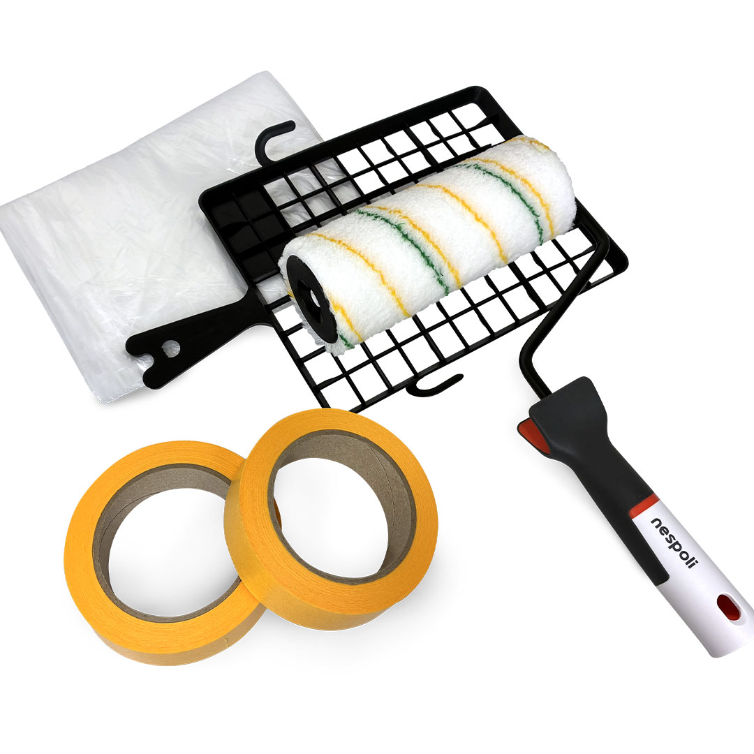 Streich- und Renovierset, 6-teilig: Gitter, Farbroller inkl. Walze, 2 x Washi Tape / Goldband, Abdeckplane