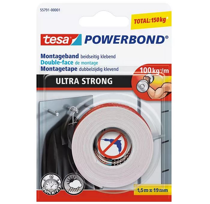 tesa 55791, Powerbond ULTRA STRONG, doppelseitiges Montageband, 19mm x 1,5m, farblos