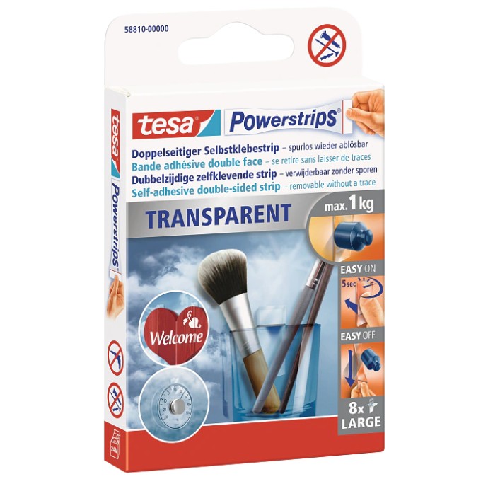 tesa Powerstrips Transparent Large (1 kg), wiederablösbar, 8 Stück