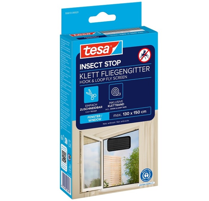 tesa Insect Stop Fliegengitter STANDARD für Fenster, 1.30m x 1.50m