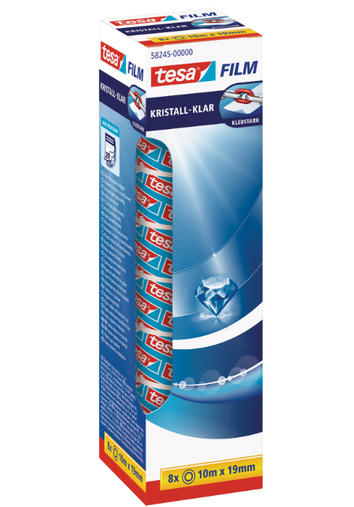 tesafilm kristall-klar, 58245 Klebeband, 19mm x 10m, transparent, 8 Rollen, Office-Box