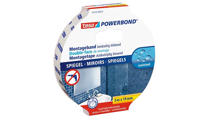 tesa 55733, Powerbond Mirror Spiegelklebeband, Montageband, 19mm x 5m