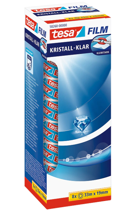 tesafilm kristall-klar, 58260 Klebeband, 19mm x 33m, transparent, 8 Rollen, Office-Box