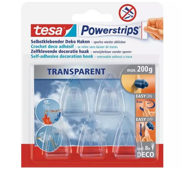 tesa Powerstrips DECO Haken SMALL, 5 Haken + Strips, transparent