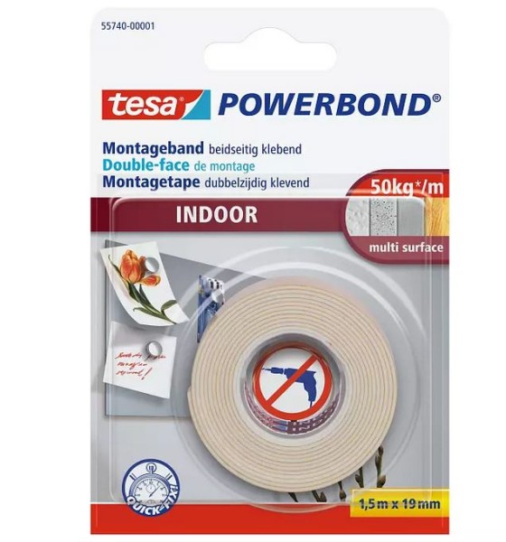 tesa Powerbond INDOOR, doppelseitiges Montageklebeband, 19mm x 1,5m