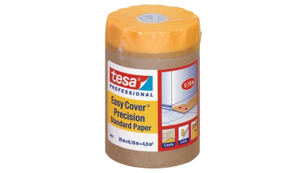 tesa Professional 4401, Easy Cover Präzision Malerband + Abdeckpapier, 180mm x 25m
